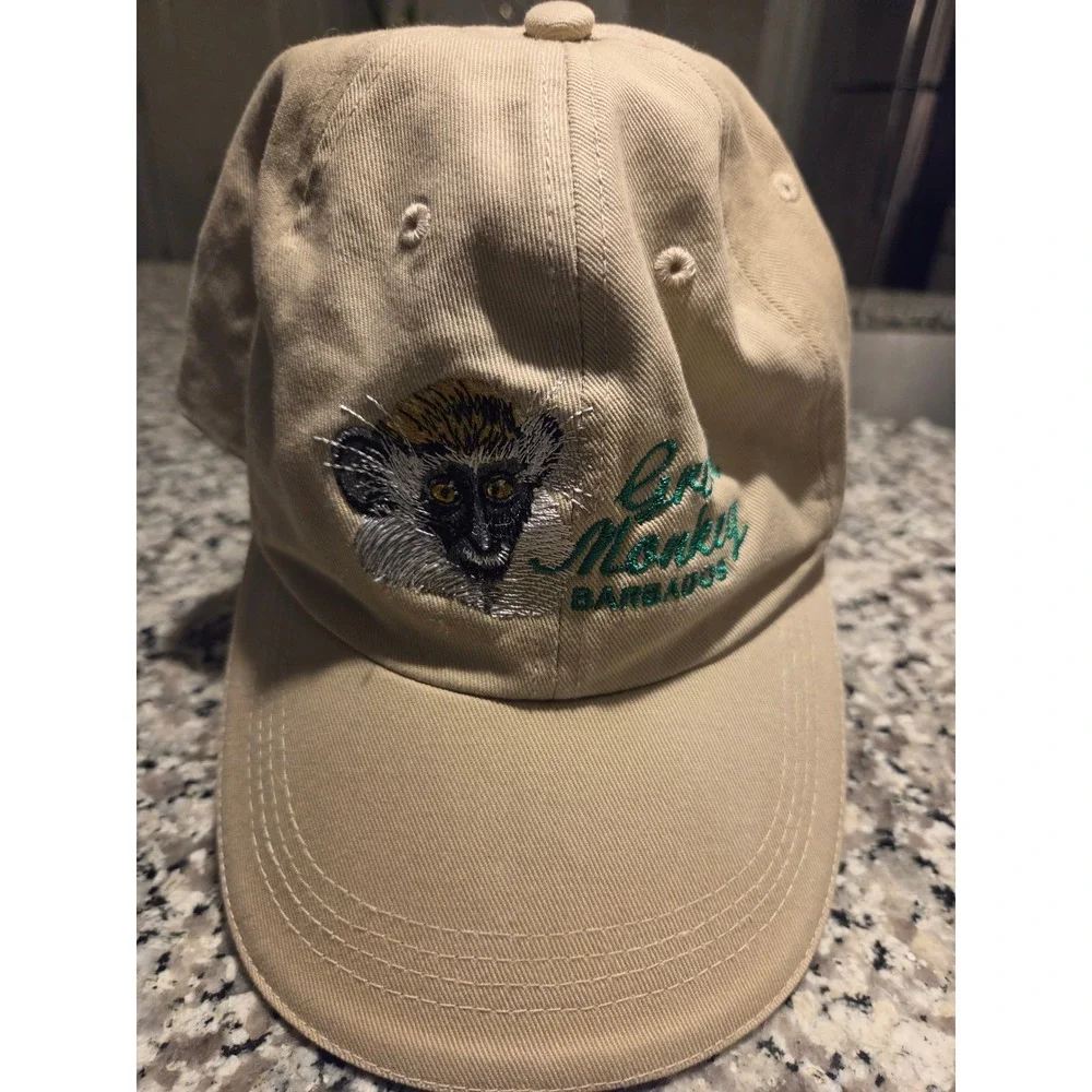 Hey Mon Barbados Green Monkey Embroidered Khaki Cotton Dad Hat Baseball Cap OSFA